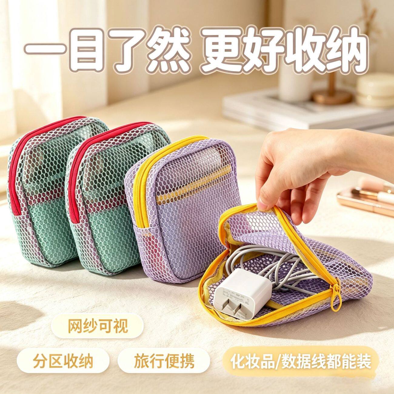 多巴胺豆腐包迷你网纱便携旅行洗漱化妆品收纳包补妆包网格杂物包