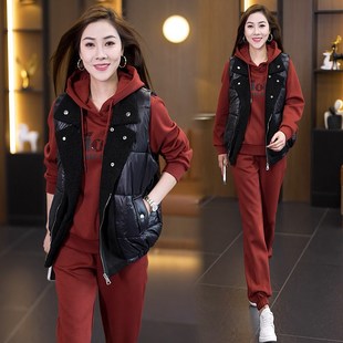 大码女装加绒加厚休闲套装冬季宽松时尚胖mm马甲卫衣束脚裤三件套