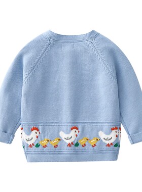 英单 100-140码 洋气蓝色小鸡开衫 女童纯棉线针织开衫 毛衣外套