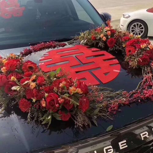 婚车装饰车头花婚车吸盘中国风花车带泥婚车花泥吸盘式月亮网红