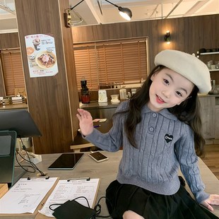 依依妈春秋女童时髦休闲爱心POLO针织衫 翻领毛衣 儿童宝宝韩版 短款