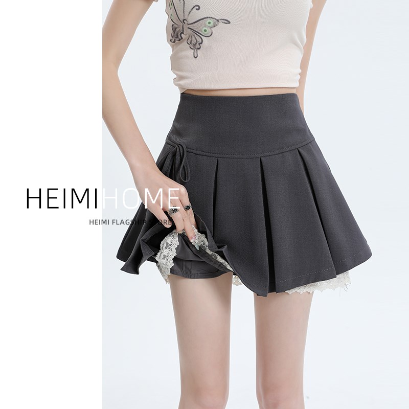 黑色百褶短裙女2024夏季学院风蝴蝶结jk半身裙小个子蕾丝边a字裙