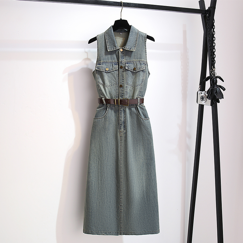 复古港风无袖牛仔连衣裙薄女2025夏季新款收腰A字衬衫连身裙长款