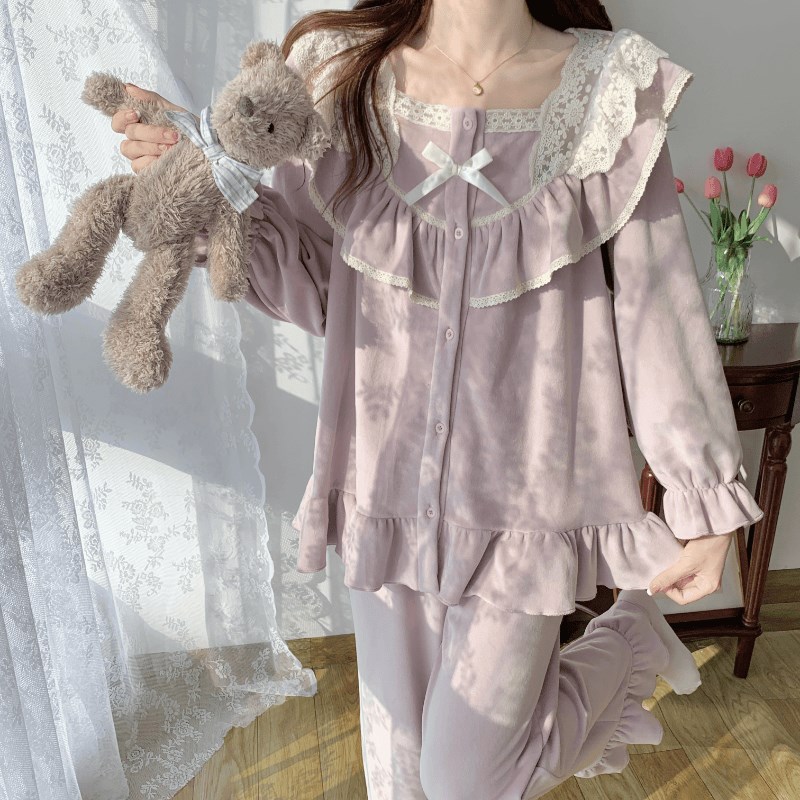 秋冬季海岛绒薄绒睡衣女甜美新款两件套可爱公主风少女家居服套装