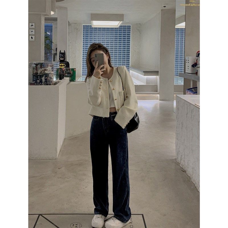 大码女装微胖妹妹mm蓝色高腰牛仔直筒春秋宽松显瘦阔腿长裤200斤