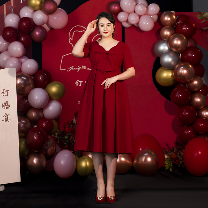 大码敬酒服胖mm新娘孕妇遮肚结婚订婚礼服高腰酒红色回门加肥加大