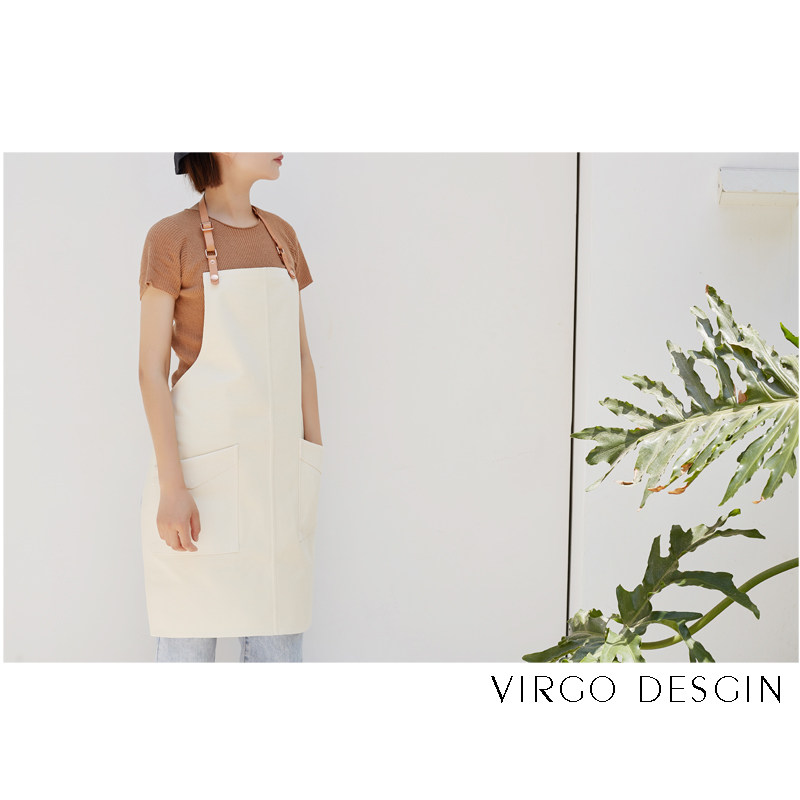 米白卡其蓝灰色帆布围裙咖啡美发甲师工作服餐厅花艺手工logo定制