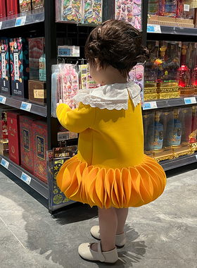 小蜜糖童装2023春季新款黄色花瓣裙女宝宝百褶裙连衣裙洋气裙子潮