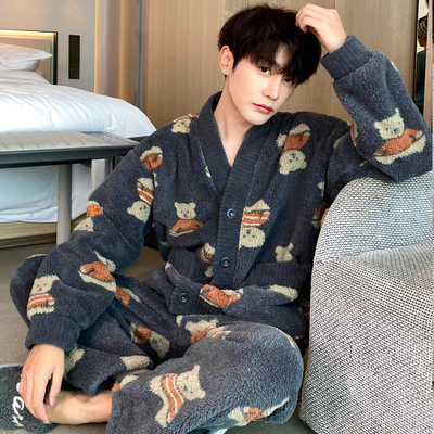 樱丝芳超厚珊瑚绒睡衣男款秋冬季加厚加绒保暖加肥大码冬款家居服