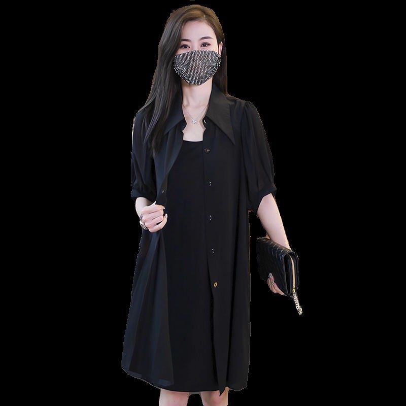 高级感黑色中长款雪纺衬衫连衣裙套装大码女装显瘦吊带裙两件套女,女装/女士精品,时尚套装,淘宝优惠券,粉丝福利购,淘宝优惠卷