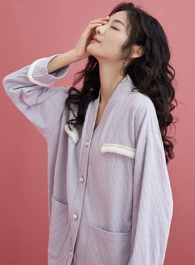 2024新款睡衣女春秋款纯棉长袖甜美紫色家居服秋冬季开衫宽松套装