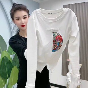 速发秋冬打底衫领尚潮流新中式盘扣衫T恤国中风圆时刺绣洋气内搭