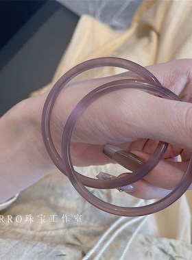 现货速发紫玉髓叮当镯细款国风新中式冰种翡翠手镯玛瑙玉烟紫色石