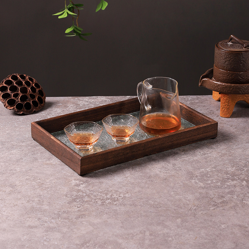 速发复古餐棠色压花玻璃托盘家用餐盘早海咖啡盘长方形胡桃花木质