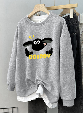 速发美式复古假两件圆领卫衣春宽松慵懒风s码ovre大ize遮肚上衣