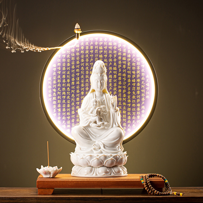 陶瓷送子观音娘娘佛像供奉家用神像坐莲求子大观世音菩萨像灯摆件