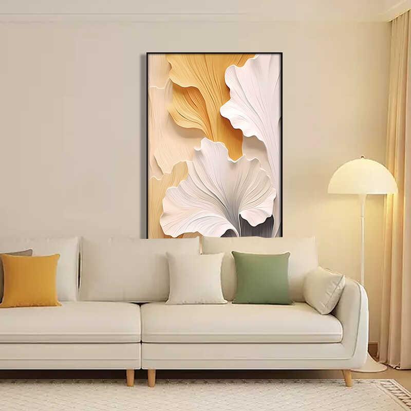 法式奶油风客厅装饰画现代简约高级单幅沙发背景墙挂画银杏叶壁画