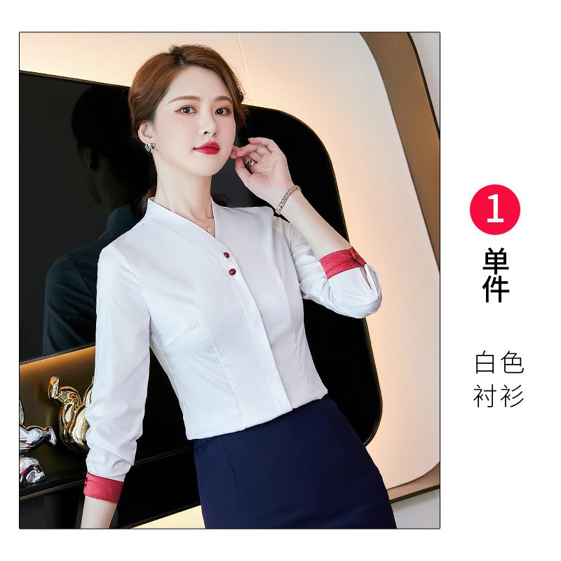 速发秋冬职业长袖衬衣打底时尚V领士白酒店前台工作服空姐制服
