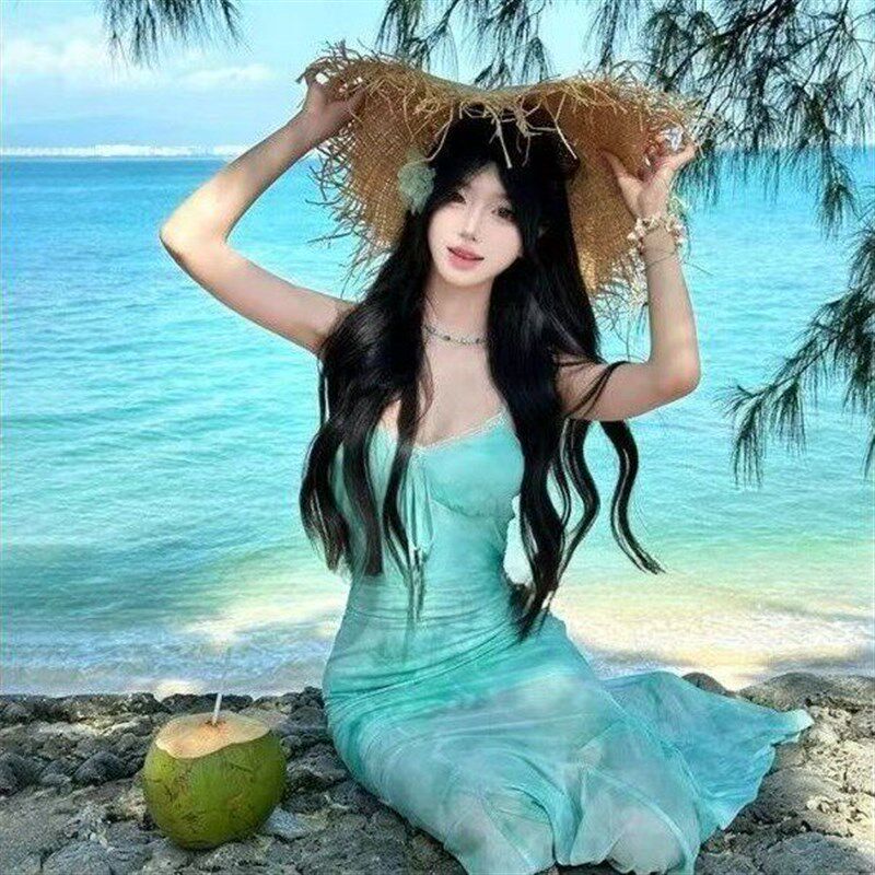 速发夏季新款法式绿色印花网纱吊带连衣裙夏海边度假纯欲后妈裙