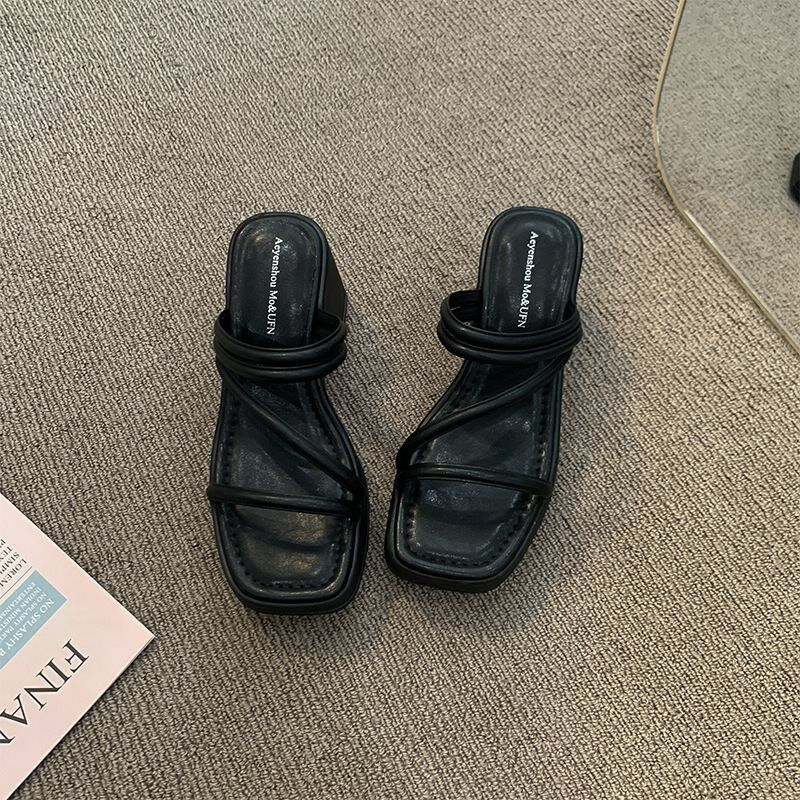 速发高跟拖鞋20厚5新小夏外穿2底粗跟绝美法式高级感黑色款个子凉