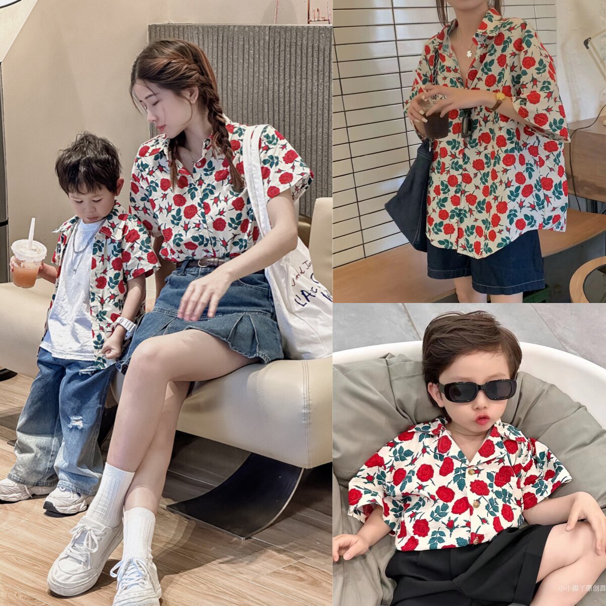 速发玫瑰花港风复古亲子装海边度假风夏装一家三口母子母女全家装