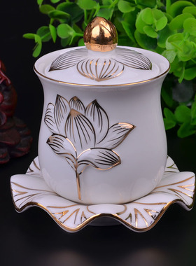速发圣水杯白玉描水莲花供水杯圣水杯大悲子供佛杯水观音金杯佛具