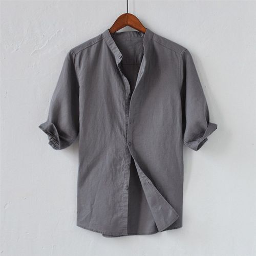 好货Mens Stand Collar White Shirt Causal Basic Short Sleeve