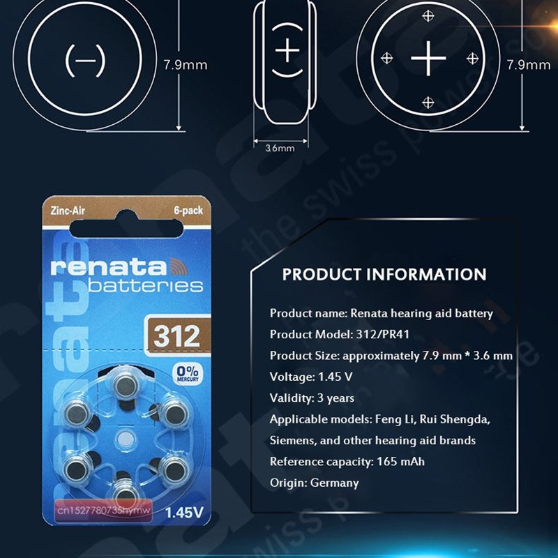 60pcs/10pack Renata Zinc Air Batteries Size 312 P312 PR41 H