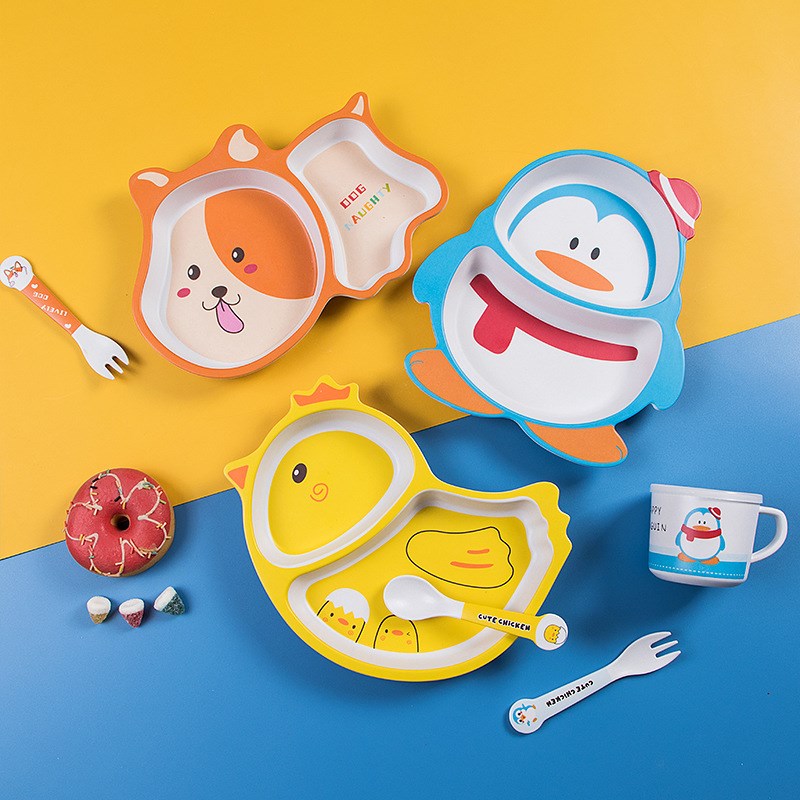 新款卡通竹纤维儿童餐具套装家用宝宝分格餐盘小孩子辅Z食饭碗勺