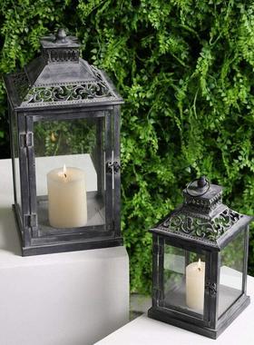 欧式复古铁艺风灯烛台做旧灰金属香薰蜡烛灯笼家居装饰品摆件婚礼