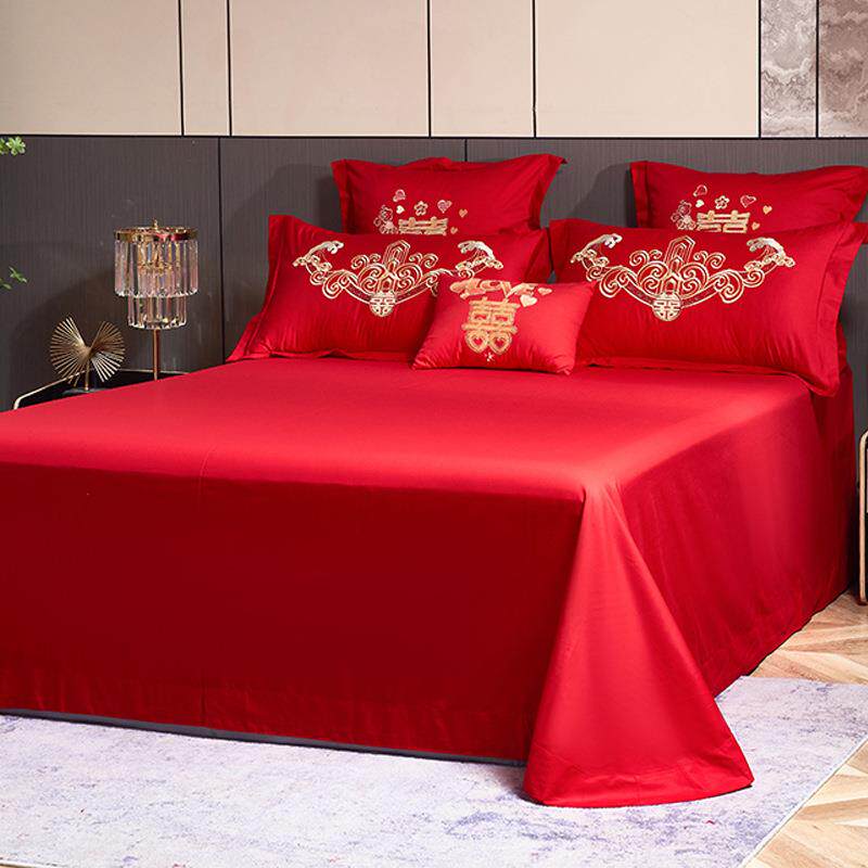 高档中式龙凤刺绣结婚四件套大红色床单被套纯棉婚庆床上用品