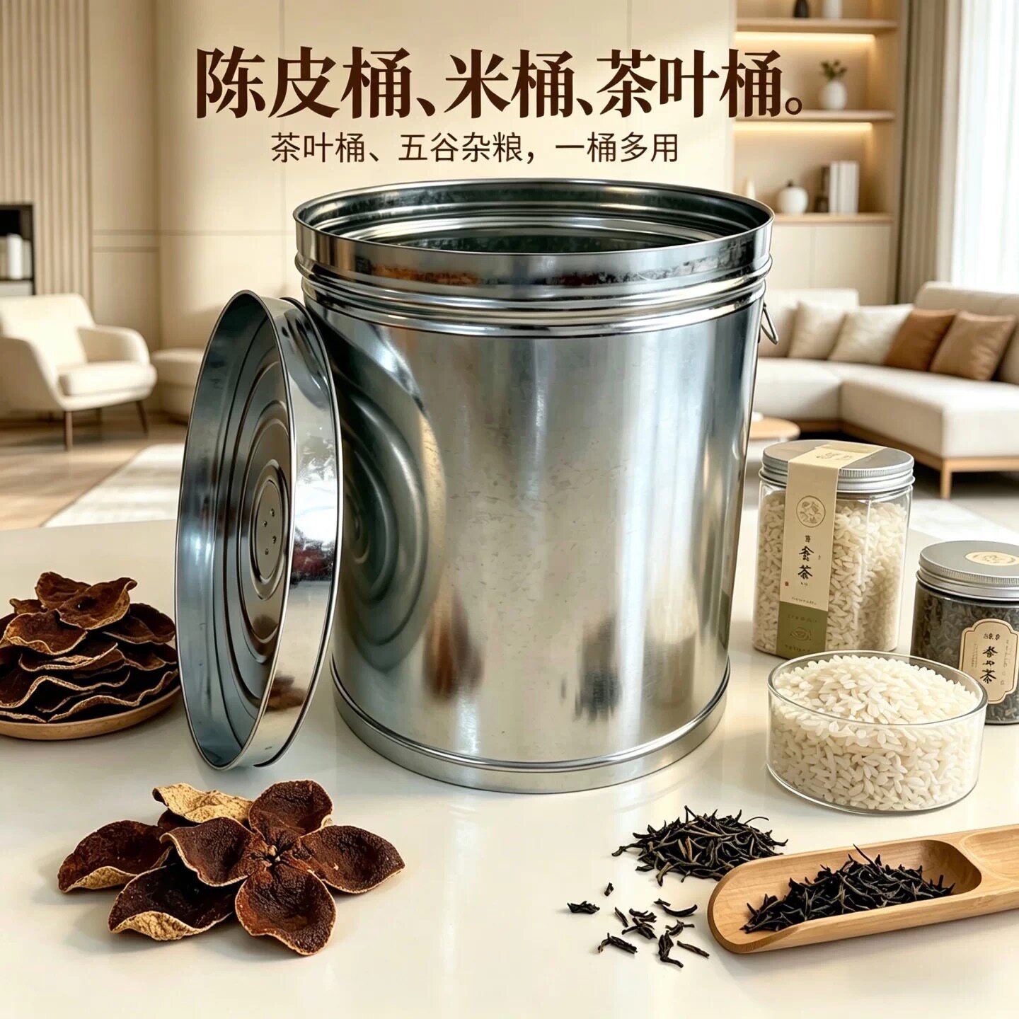 米桶家用茶叶杂粮桶带盖加厚特大号陈皮桶多功能防潮防虫铁桶