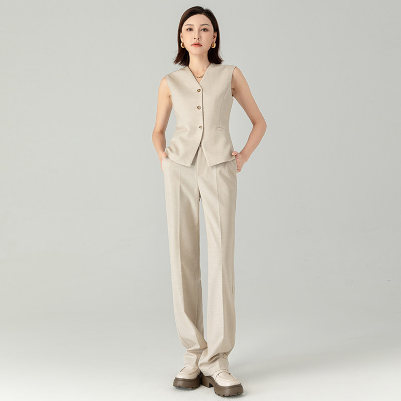 高级感精纺羊毛西装背心直筒裤三件套女秋装西服外套窄版长裤套装
