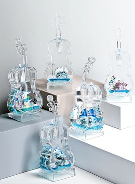 创意小提琴透明水液体蓝色海豚闪光摆件书房桌面装饰品儿童节礼物