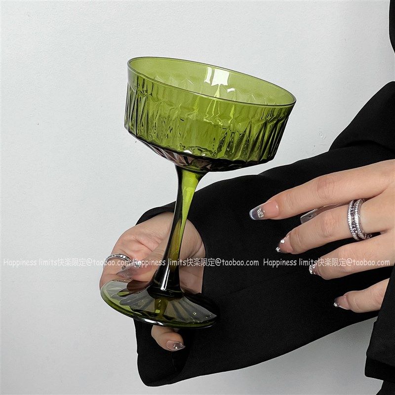 复古绿中古竖纹高脚杯高颜值微醺玻璃杯特调饮品香槟杯鸡尾酒杯子,餐饮具,鸡尾酒杯,淘宝优惠券,粉丝福利购,淘宝优惠卷
