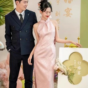 连衣裙 高级感订婚粉色无袖 新中式 晨袍旗袍敬酒服结婚回门新娘便装