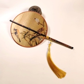 梅竹双雀图复古腰扇可旋转折叠卷曲宋锦包边紫竹长柄定制舞蹈团扇