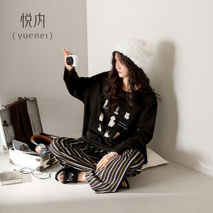 悦内睡衣女款春秋款秋季长袖纯棉家居服秋冬季可出门外穿圆领套头