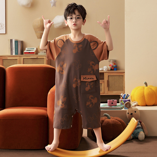 儿童连体睡衣恐龙夏季男童纯棉薄款卡通中大童短袖亲子防踢家居服