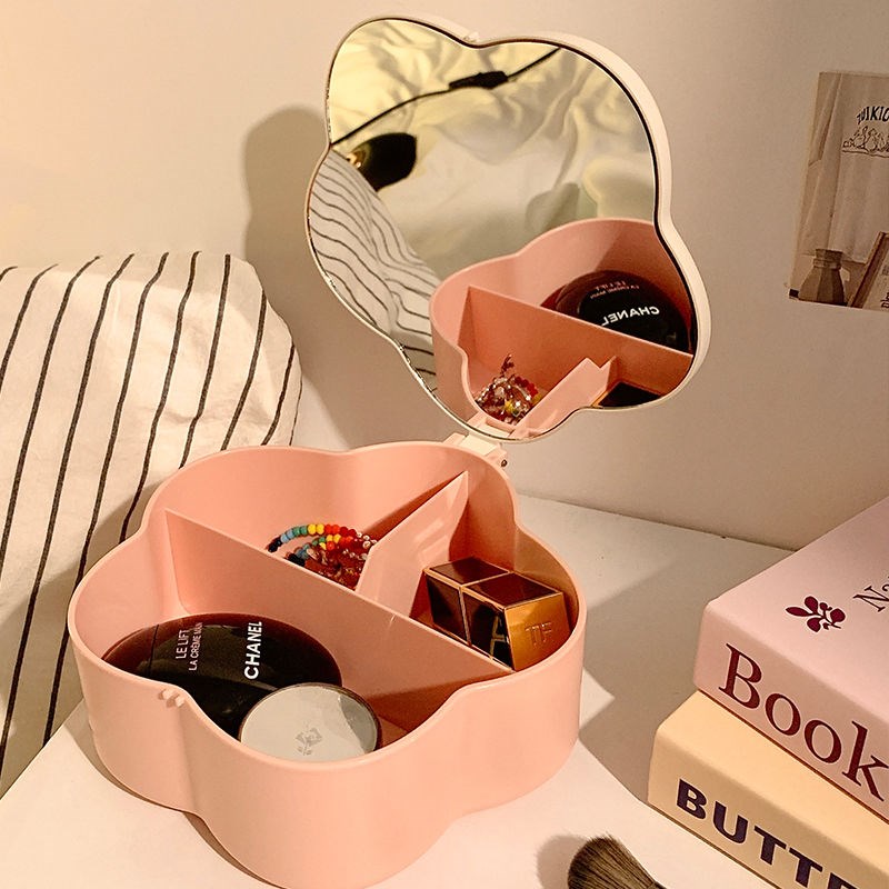 化妆镜收纳盒一体便携花朵少女心桌面防尘收纳带镜子储物梳妆台