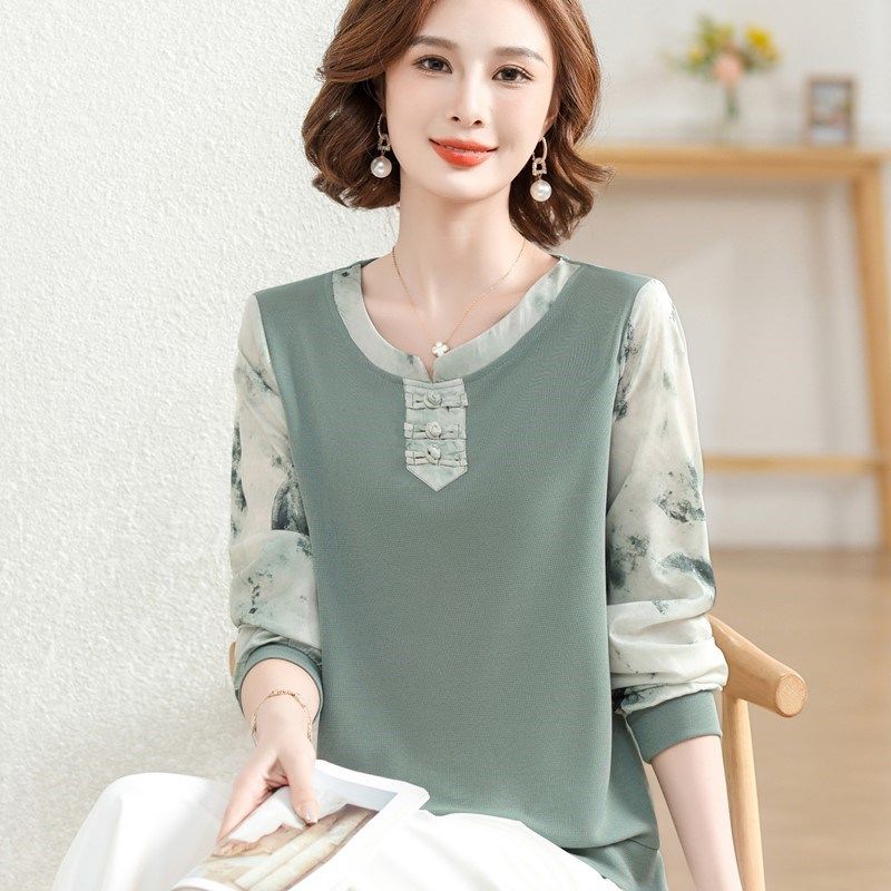 妈妈春装新款针织打底小衫圆领T恤中老年女夏季薄款七分纱袖上衣