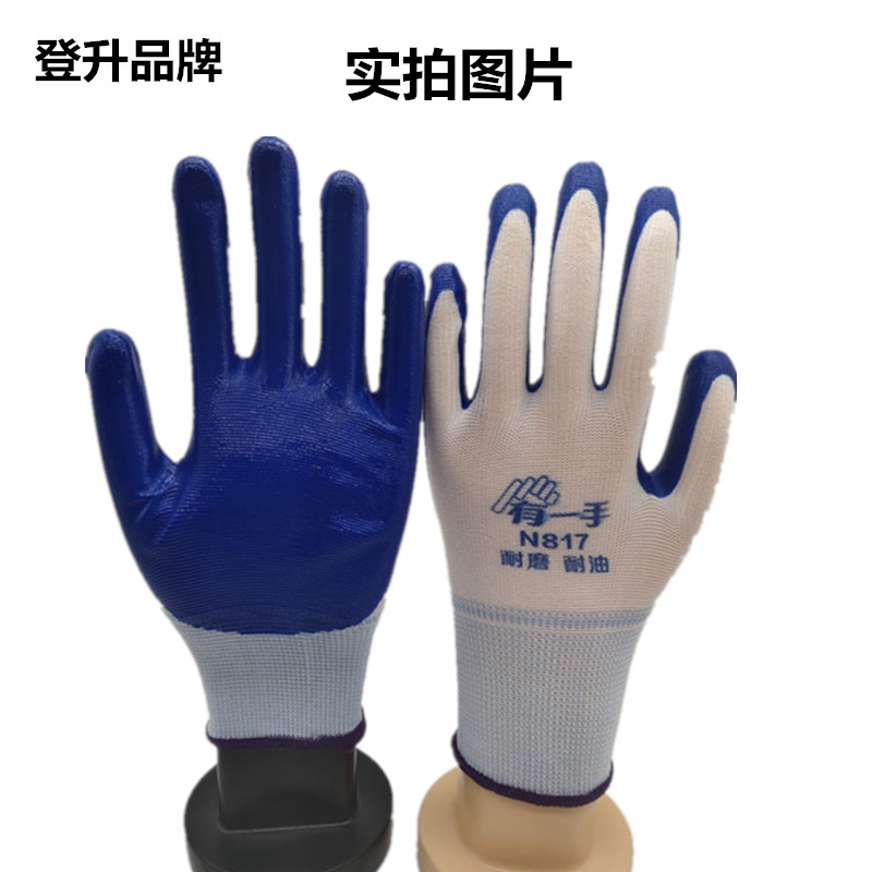 登升手套N817劳保男工地干活耐磨薄款带胶修理防油防水园艺胶皮