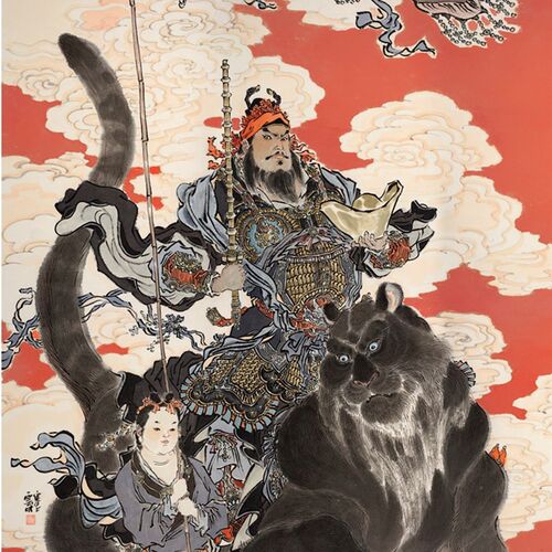 李云中绘国画财神赵公明门神秦琼尉迟恭年画三件套绝机宣纸复刻本