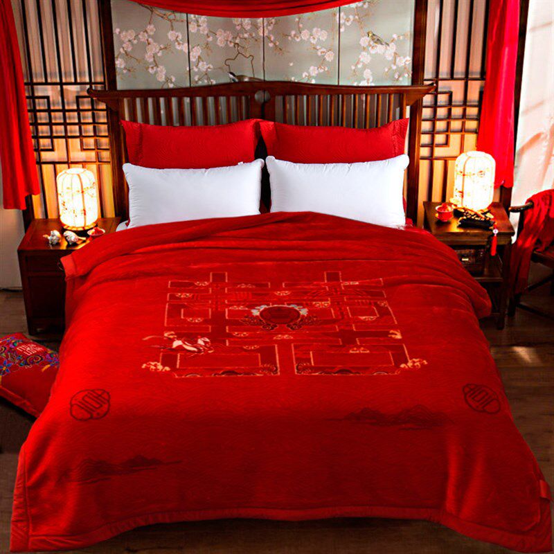 结婚大红色毛毯新婚盖毯红被子婚庆双人加厚云毯陪嫁绒毯子送礼毯
