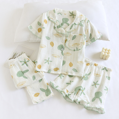 米筱米女童夏季薄款全棉睡衣套儿童纯棉纱布短袖长裤三件套家居服