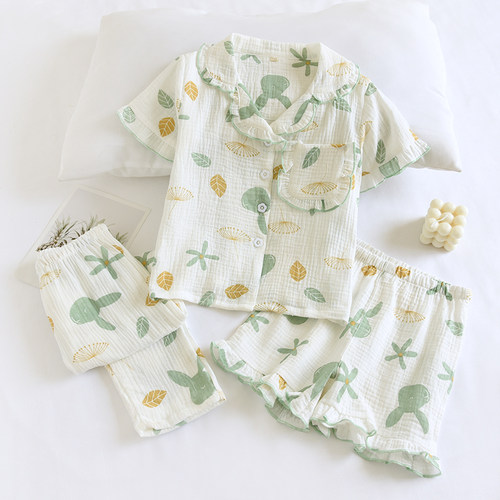 米筱米女童夏季薄款全棉睡衣套儿童纯棉纱布短袖长裤三件套家居服