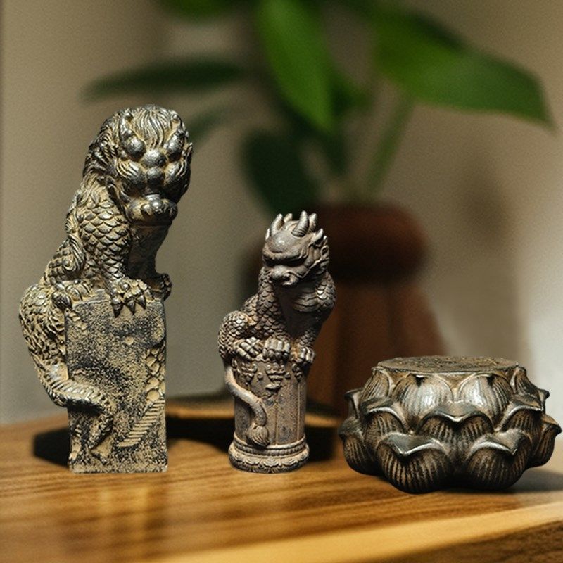 中式桌面茶宠茶台摆件龙柱莲花底座鱼缸沉水造景书房高端工艺品