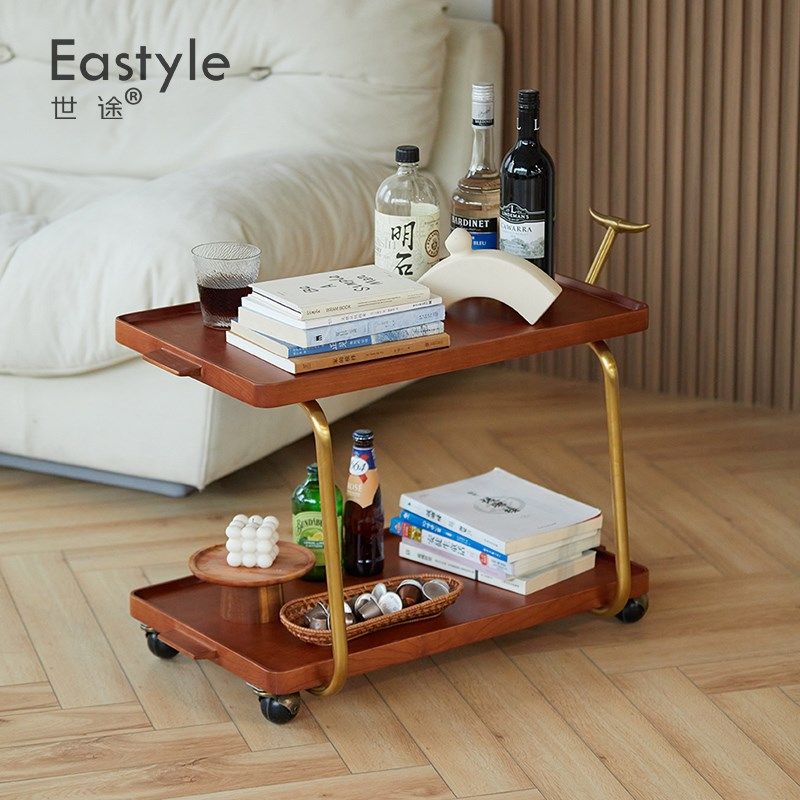 实木复古推车北欧中古网红移动置物小边几家用双层收纳架沙发角几