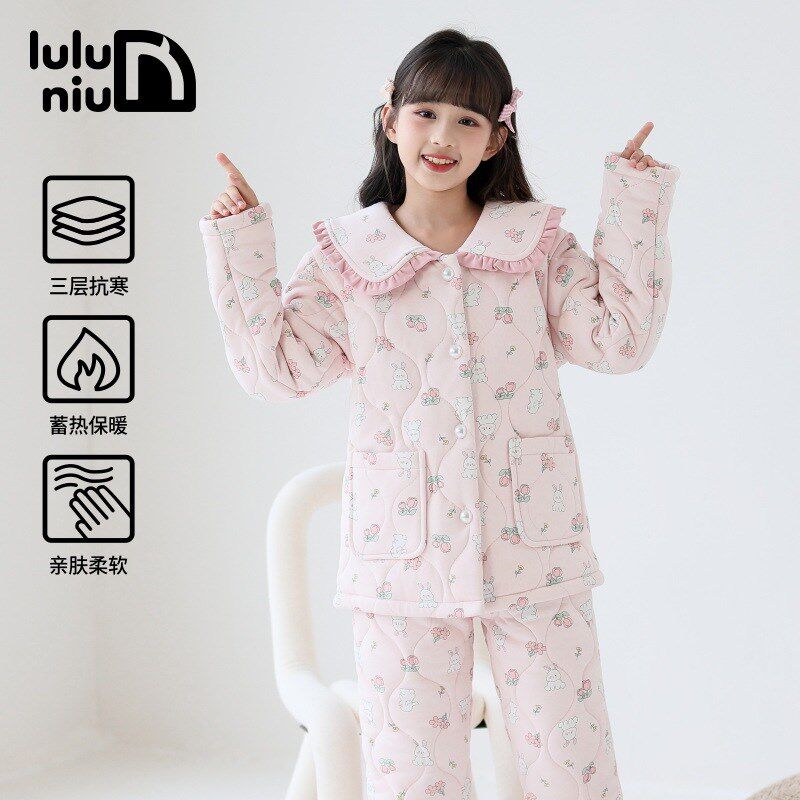 儿童睡衣套装女冬季纯棉三层夹棉2024秋冬加厚款女童家居服棉睡衣