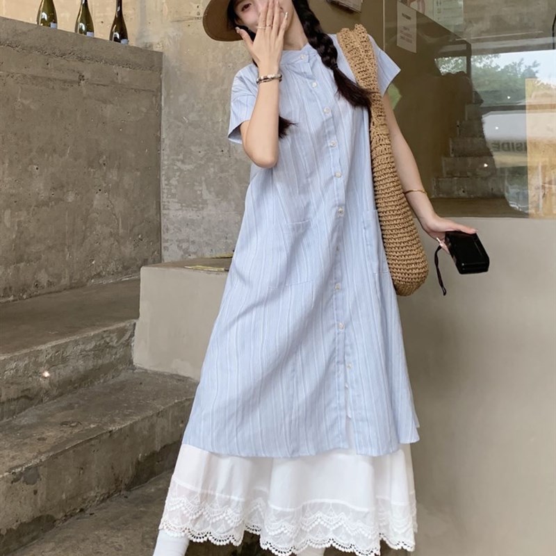 大码女装夏季新款胖妹妹宽松遮肉衬衫连衣裙蕾丝拼接半身裙套装潮